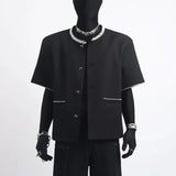 Spring Summer Jacket Handsome Casual Short-sleeved Jacket Men's Beaded Border Design Fashion Button Up O-neck Top Aesthetic Coat