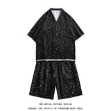 Summer Thin Sets Men Fashion Casual Shorts Shirt Sets Men Streetwear Korean Loose Black Print Ice Silk Set Mens Plus Size 5XL