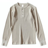 315g Heavy American Retro Khaki Sweater Shirt Waffle Cotton Henry Collar Long Sleeve T-shirt Men Cotton Slim Base Pullover Shirt