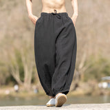 Chinese Style Men Casual Pants Men Linen Low Crotch Harlan Wide Leg Pants Male Lantern Pants Streetwear Hiphop Trousers