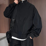 Black Mens Stand Collar Loose Fit Outdoor Spring Biker Jacket Casual Windbreaker Motorcycle Streetwear Trendy Daily Wear Coat