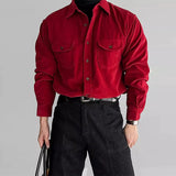 New Korean Fashion Men's Red Shirts Textured Corduroy Solid Color Long Sleeve Blouse Light Luxury Wedding Occasion Streetwear