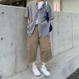 Summer Cotton Casual Pants Men Retro Cargo Pants Men Japanese Streetwear Hip-hop Loose Wide Leg Pants Men Cropped Trousers