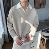 Korean style autumn and winter street fashion personality splicing V-neck sweater for couples loose and lazy knit casual top y2k