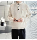 Korean Popular Men's Henry Collar Sweater Light Luxury Knit Long Sleeve Button Pullover Trending Jacquarded Solid Color Knitwear