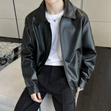 New Autumn Men's Casual Textured PU Leather Jacket High Street Zip-up Turn-down Collar Solid Color Long Sleeve Retro Coats M-3XL