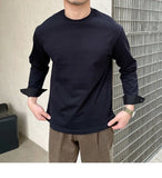 New Autumn Fashion Men T-shirt Light Luxury Solid Color Long Sleeve Tops Leisure Streetwear Casual O Neck Basic Shirts M-3XL