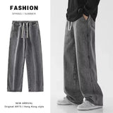 Men Solid Color Drape Jeans Male New Fashion Loose Straight Leg Vintage Hip Hop High Street Y2K Casual Daily Wide Leg Pants