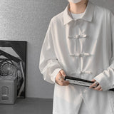 Men's Dial Buckle Solid Long Sleeve Shirt Chic Pleated Decor Spring New Loose Casual Traditional Chinese Style Clothing
