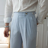 Men's Luxury Naples Slim-fit Thin Blue Striped Dress Pants Solid Color British Retro Premium Elegant Leisure High Waist Trousers