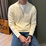 Autumn Retro Men's Zipper Cardigan Jacket Trending Jacquard Solid Color Long Sleeve Sweater Coats Premium Quality Knit Outerwear