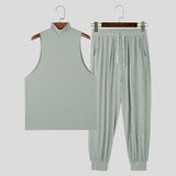 Men Sets Solid Color Streetwear Turtleneck Sleeveless Tank Tops & Drawstring Pants 2PCS Fashion Men's Casual Suits