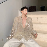 Spring Summer Irregular Sequin Tassel Shirt Streetwear Fashion Long Sleeve Shirts Men's Transparent Nightclub Tops Black/Apricot