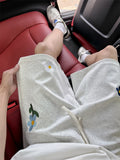 Lazy Gray Floral Embroidered Shorts Men Women Korean Style Summer Trend Oversize Teen Sports Five-point Pants Aesthetic Chic