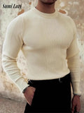 Vintage O Neck Slim Fit Knit Mens T-shirts Spring Stylish Solid Color Ribbed Long Sleeve Jumper Tops Men Casual Knitting T Shirt
