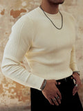 Vintage O Neck Slim Fit Knit Mens T-shirts Spring Stylish Solid Color Ribbed Long Sleeve Jumper Tops Men Casual Knitting T Shirt