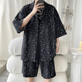 Summer Thin Sets Men Fashion Casual Shorts Shirt Sets Men Streetwear Korean Loose Black Print Ice Silk Set Mens Plus Size 5XL