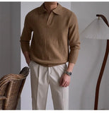 Men's American Retro Polo Sweater Luxury Trendy Business V Neck Knit Solid Color Pullover Leisure Slim-fit Long Sleeve Knitwear