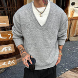 Men's Color-blocking Knitted Sweater Light Luxury Deep V Neck Long Sleeve Pullover Autumn Japanese Trending Male Clothing M-3XL