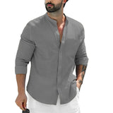 Men's Casual Solid Color Beach Shirts Full Sleeve Shirt Single Breasted Versatile Blouse Slim Male Stand Collar Cotton Linen Top