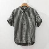 Simplicity Office Lady Casual T-Shirts Man Stand Collar Short Sleeve Button Men's Clothing Striped Straight Spring Summer