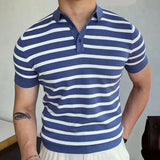 Vintage Turn-down Collar Buttoned Polo Shirts Men Knitting Short Sleeve Slim Polo Tops For Mens Summer Fashion Striped Knit Polo
