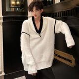 V-neck Men Pullover Sweater Korean Trendy Pleated Contrast Color Baggy Male Knitting Pullovers Spring New Chic