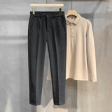 Autumn Winter Men's Woolen Suit Pants Formal Business Office Slim Straight Elastic Waist Korean Casual Tapered Brown Trousers