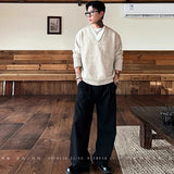 Men's Color-blocking Knitted Sweater Light Luxury Deep V Neck Long Sleeve Pullover Autumn Japanese Trending Male Clothing M-3XL