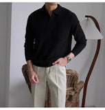 Men's American Retro Polo Sweater Luxury Trendy Business V Neck Knit Solid Color Pullover Leisure Slim-fit Long Sleeve Knitwear