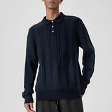 New Men American Retro Polo Neck Sweater Luxury Knit Long Sleeve Pullover Casual Solid Color Streetwear Jacquard Knitwear M-3XL