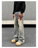 American retro men and women trend personalized embroidered straight leg washed jeans couple spring and autumn casual pants y2k