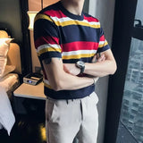 Vintage Knitted Striped T-shirts Mens Summer Casual Slim Fit O Neck Jumper Tops Men Short Sleeve Fashion Knit T Shirt Streetwear