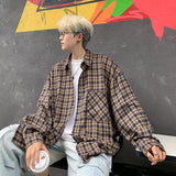 Harajuku Long Sleeve Plaid Shirts Men Autumn Loose High Street All-match Shirt Gentleman Camisa Check Tops Stylish 5XL-M