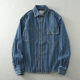 Heavy vintage washed vertical stripe denim shirt men's loose size cotton long sleeve shirt jacket