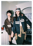 American Retro Striped Coat Contrasting Color Spliced Leather Jacket Japanese Spring Couple Racing Style Leather Jacket Chic