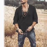 Men's T-shirt Short Sleeve Chest Lace-up T-shirt Loose Top Summer V-Neck Medieval Tunic Top