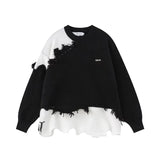 Retro Tassel Irregular Men's Sweater Loose American Lazy Style Knitted Shirt Color Block Design Casual Crew Neck Top