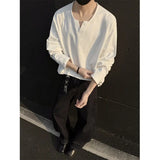 Cotton Long Sleeved T-shirt Men Fashion White V-neck T Shirt Men Streetwear Korean Loose Casual Pullover T Shirt Mens Top M-2XL