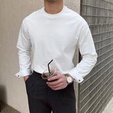 New Autumn Fashion Men T-shirt Light Luxury Solid Color Long Sleeve Tops Leisure Streetwear Casual O Neck Basic Shirts M-3XL