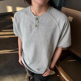 New Simple Men's Short Sleeved T-shirts Round Neck Button Design Casual Menswear Solid Color Loose Male Pullover Tee