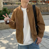 Khaki Cargos Stand Collar Jackets Men's Japanese Retro Streetwear Fashion Solid Color Zipper Long Sleeve Coats Autumn Clothing