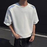 Korean Style Men's T-shirts Round Collar Striped Design Contrast Color Structure Short Sleeved Loose Male Tee Summer