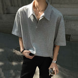 New Fashion Male T-shirt Short Sleeve Turn-down Collar Zipper Top Casual Solid Color Men Clothing Summer Trend