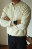 New American Chic Men Polo Sweater Luxury Trendy Business V Neck Knit Solid Color Pullover Leisure Slim-fit Long Sleeve Knitwear