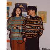 Autumn Winter Japanese Pullover Striped Floral Pattern Long Sleeved Knitted Sweater BF Loose Lazy Style Couple Sweater Jacket