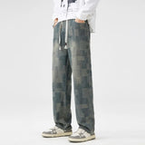 Spring new Men's Jeans Korean Fashion Elastic waist Straight Denim Pants  Washed Cotton Grid diagram Wide Leg Jean Trousers