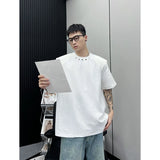 Heavy High-end Niche Short Sleeve T Shirts for Men Summer Loose  Ins Design Solid Color Rivet Round Neck T-shirt Streetwear