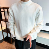New Korean Retro Men Basic Sweaters Luxury Knit Solid Color Mock Neck Long Sleeve Pullover Casual Textured High Quality Knitwear