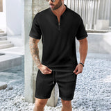 Casual Waffle Texture Two Piece Suits Mens Summer Leisure Short Sleeve Zipper Stand Collar Polo Shirt And Shorts Set Men Outfits